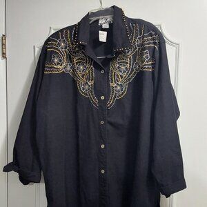 Club Z Denim Long Sleeve Button Down Embroidered Beaded Denim Blouse  NWT